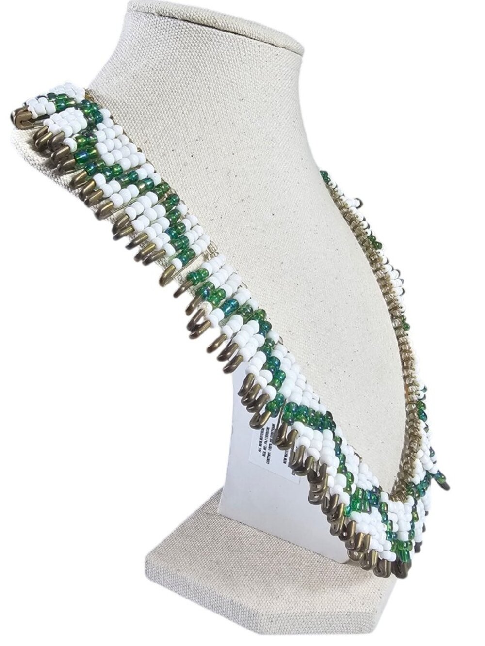 Safety Pin Beaded Necklace 22.5” White Green Glass Beads Statement Boho Tribal - Picture 2 of 10